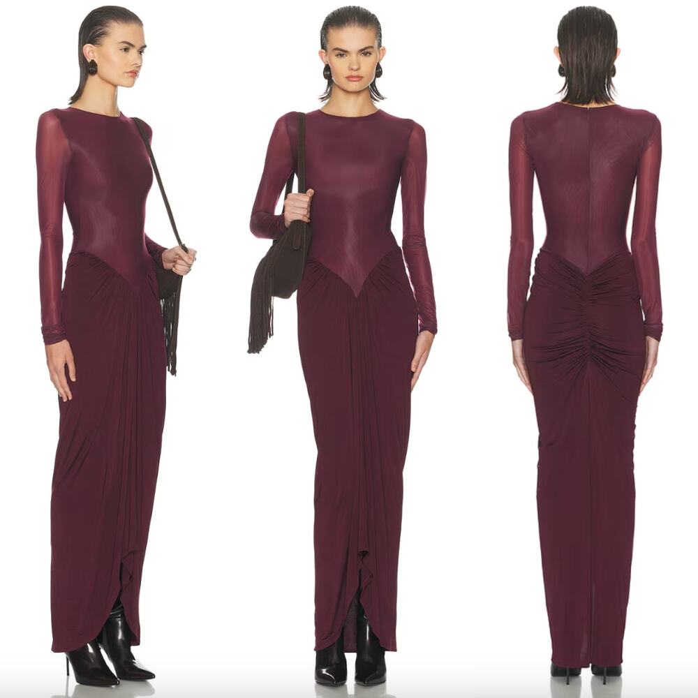HELSA | The Margot Dress in Merlot Jersey Fitted Long Sleeve Maxi S